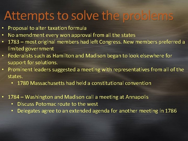 Attempts to solve the problems • Proposal to alter taxation formula • No amendment