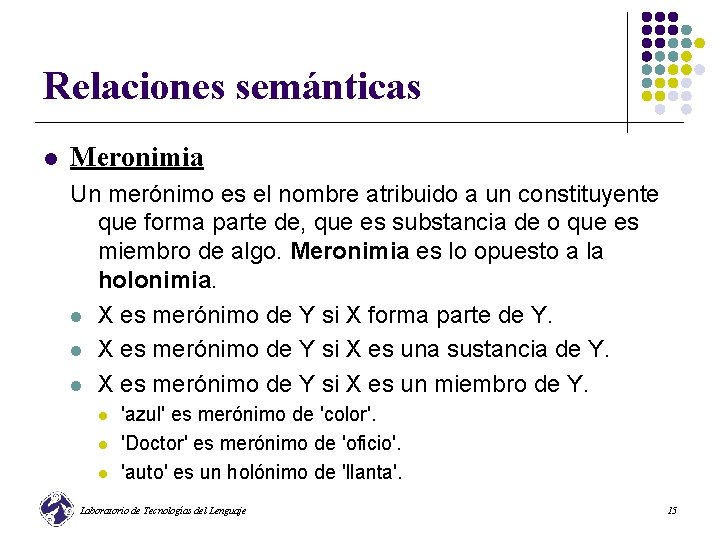 Relaciones semánticas l Meronimia Un merónimo es el nombre atribuido a un constituyente que