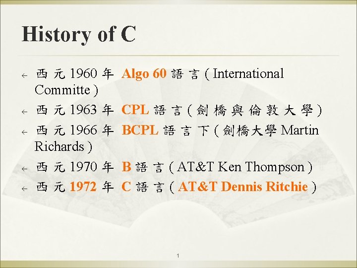 History of C ß ß ß 西 元 1960 年 Algo 60 語 言