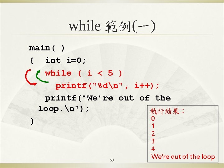 while 範例(一) main( ) { int i=0; while ( i < 5 ) printf("%dn",