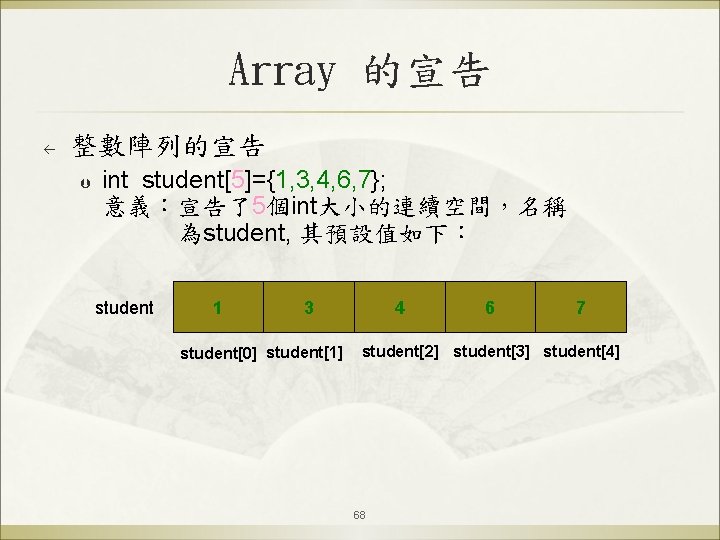 Array 的宣告 ß 整數陣列的宣告 Þ int student[5]={1, 3, 4, 6, 7}; 意義：宣告了5個int大小的連續空間，名稱 為student, 其預設值如下：