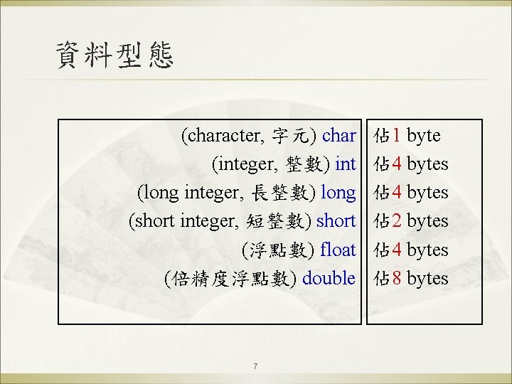 資料型態 (character, 字元) char (integer, 整數) int (long integer, 長整數) long (short integer, 短整數)
