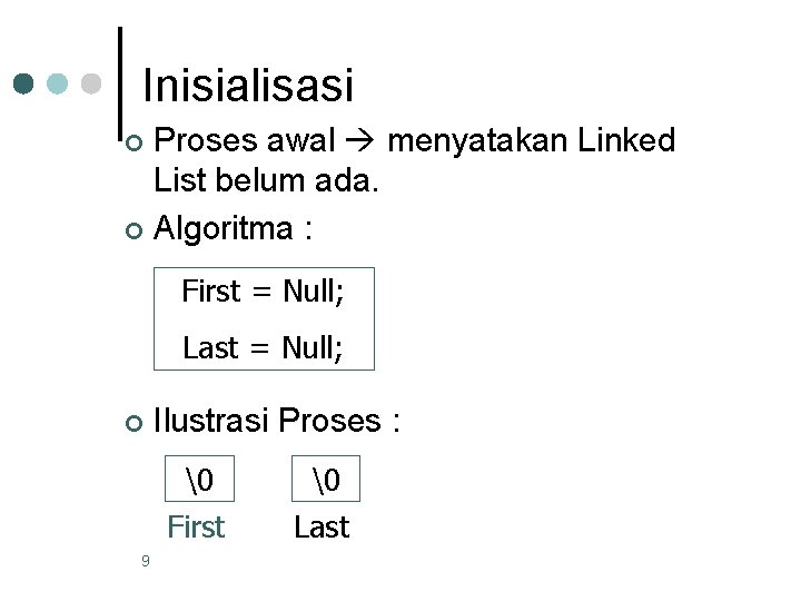 Inisialisasi Proses awal menyatakan Linked List belum ada. ¢ Algoritma : ¢ First =
