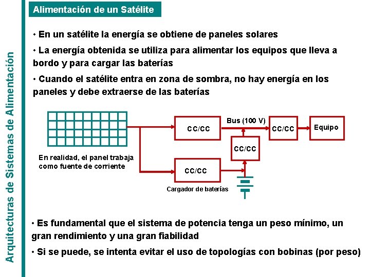 Alimentación de un Satélite Arquitecturas de Sistemas de Alimentación • En un satélite la