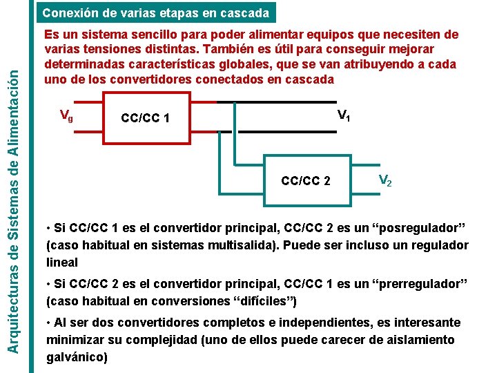 Arquitecturas de Sistemas de Alimentación Conexión de varias etapas en cascada Es un sistema