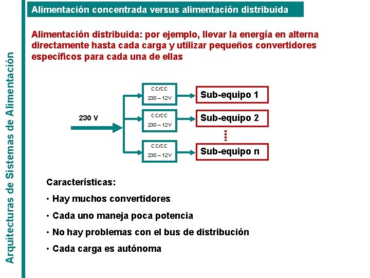 Arquitecturas de Sistemas de Alimentación concentrada versus alimentación distribuida Alimentación distribuida: por ejemplo, llevar