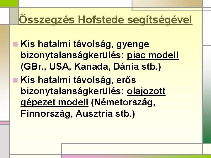 Összegzés Hofstede segítségével n Kis hatalmi távolság, gyenge bizonytalanságkerülés: piac modell (GBr. , USA,