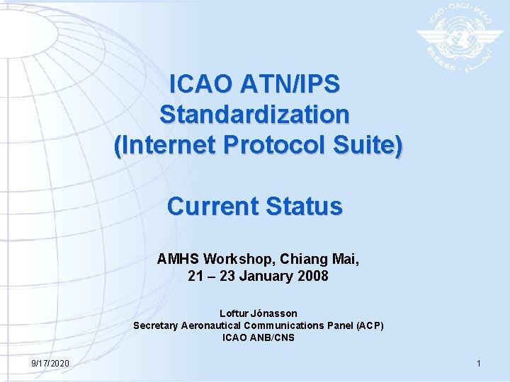 ICAO ATN/IPS Standardization (Internet Protocol Suite) Current Status AMHS Workshop, Chiang Mai, 21 –