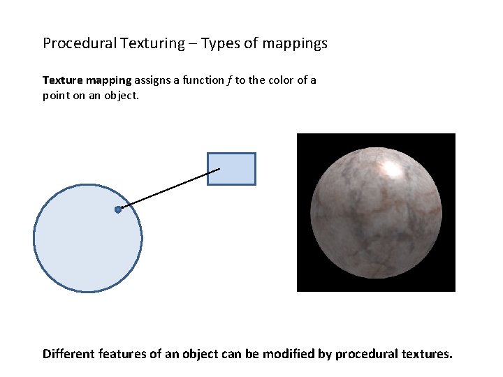 Procedural Texturing – Types of mappings Texture mapping assigns a function f to the