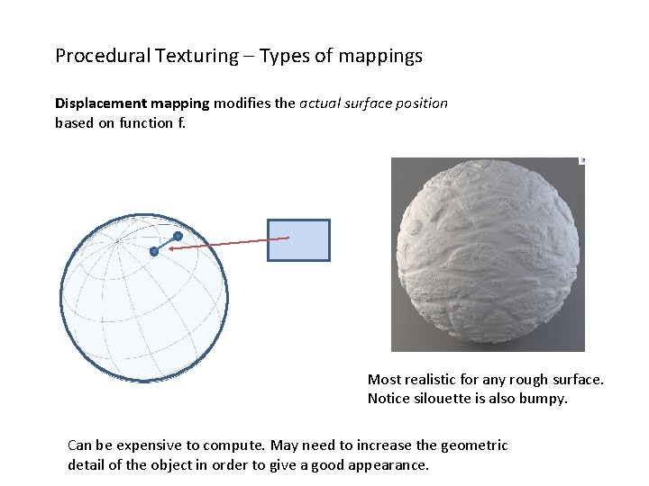 Procedural Texturing – Types of mappings Displacement mapping modifies the actual surface position based