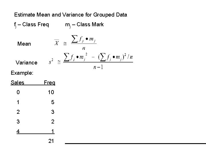 Estimate Mean and Variance for Grouped Data fj – Class Freq mj – Class