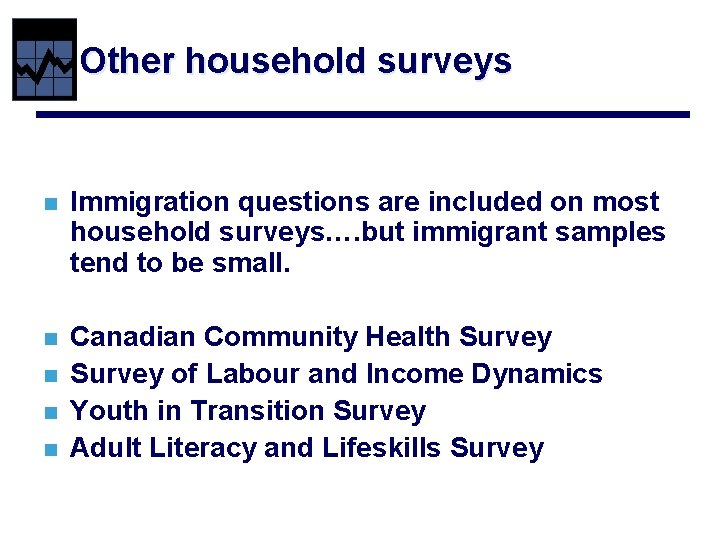 Other household surveys n Immigration questions are included on most household surveys…. but immigrant