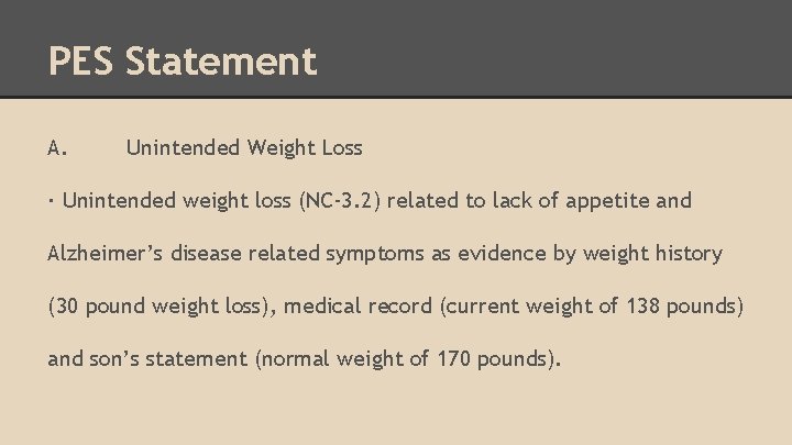 PES Statement A. Unintended Weight Loss · Unintended weight loss (NC-3. 2) related to