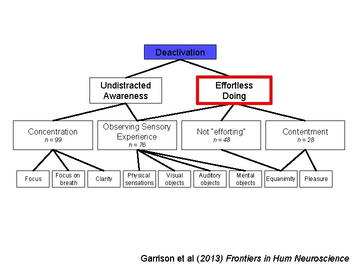 Deactivation Undistracted Awareness Concentration n = 99 Focus on breath Effortless Doing Observing Sensory