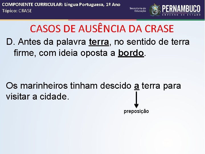 COMPONENTE CURRICULAR: Língua Portuguesa, 1º Ano Tópico: CRASE CASOS DE AUSÊNCIA DA CRASE D.