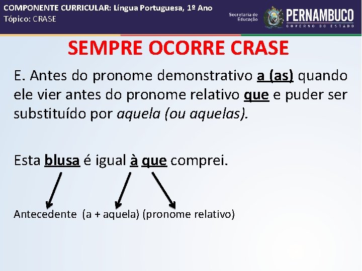 COMPONENTE CURRICULAR: Língua Portuguesa, 1º Ano Tópico: CRASE SEMPRE OCORRE CRASE E. Antes do