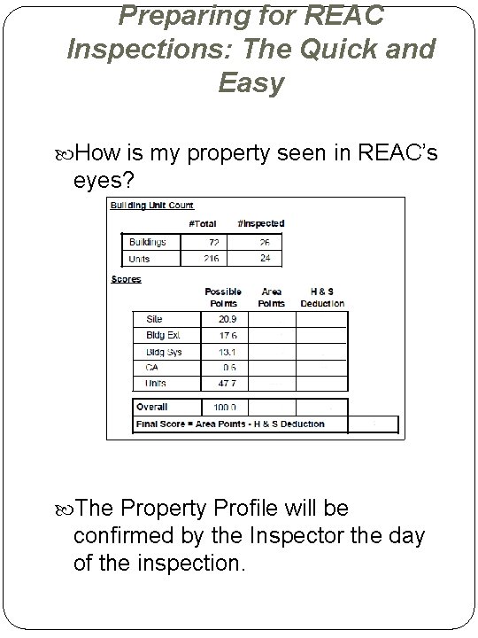 Preparing for REAC Inspections: The Quick and Easy How is my property seen in Preparing for REAC Inspections: The Quick and Easy How is my property seen in