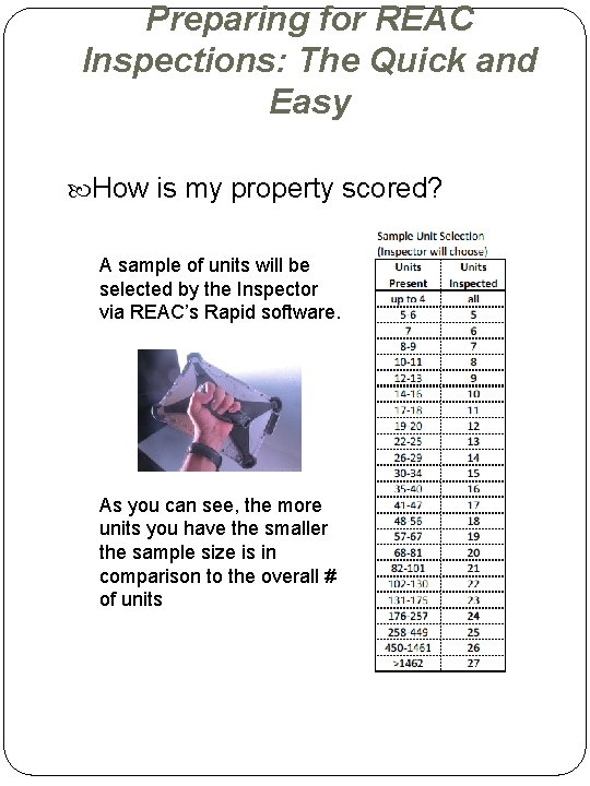 Preparing for REAC Inspections: The Quick and Easy How is my property scored? A Preparing for REAC Inspections: The Quick and Easy How is my property scored? A