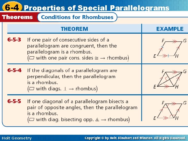 6 -4 Properties of Special Parallelograms Holt Geometry 