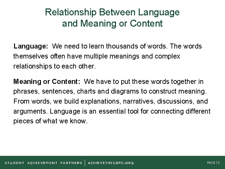 Relationship Between Language and Meaning or Content Language: We need to learn thousands of