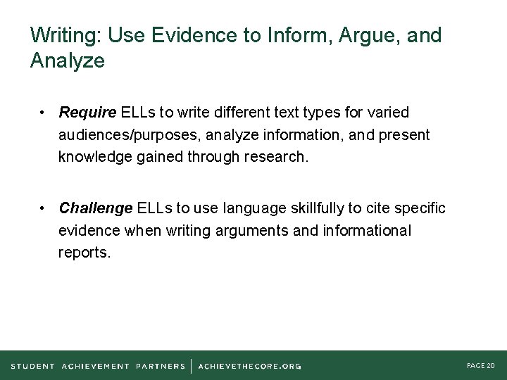 Writing: Use Evidence to Inform, Argue, and Analyze • Require ELLs to write different