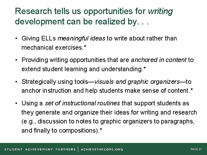 Research tells us opportunities for writing development can be realized by. . . •