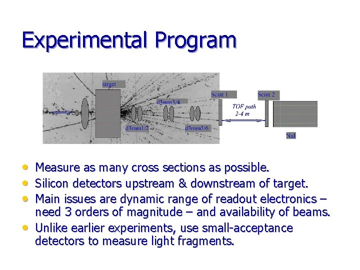 Experimental Program • • Measure as many cross sections as possible. Silicon detectors upstream