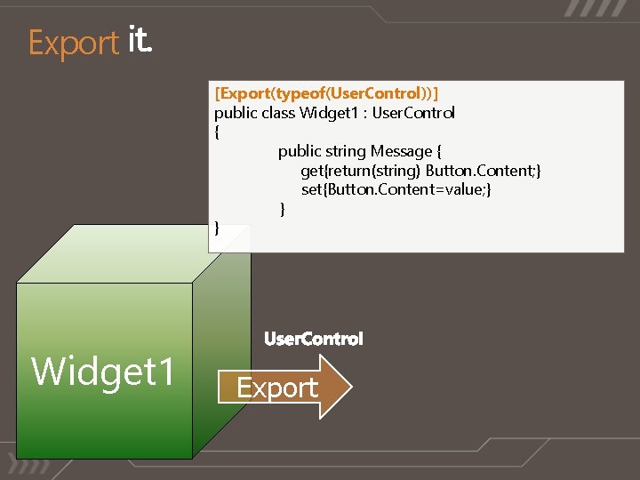 Export [Export(typeof(User. Control))] public class Widget 1 : User. Control { public string Message
