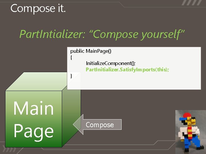 Compose it. Part. Intializer: “Compose yourself” public Main. Page() { Initialize. Component(); Part. Initializer.