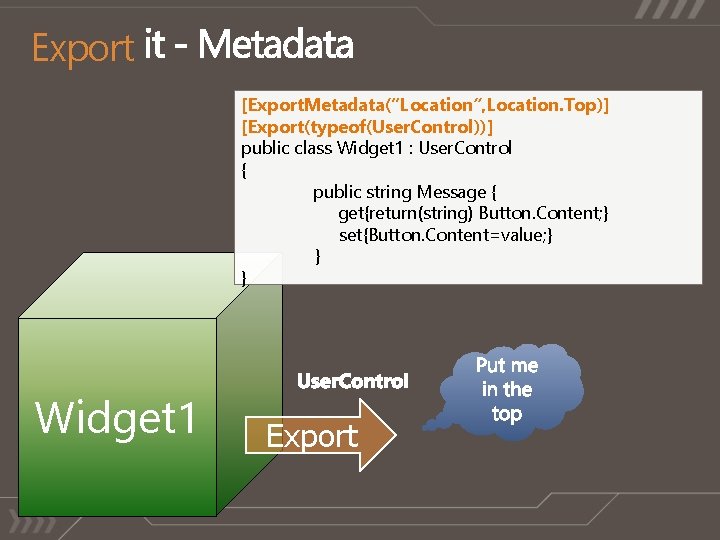 Export [Export. Metadata(“Location”, Location. Top)] [Export(typeof(User. Control))] public class Widget 1 : User. Control