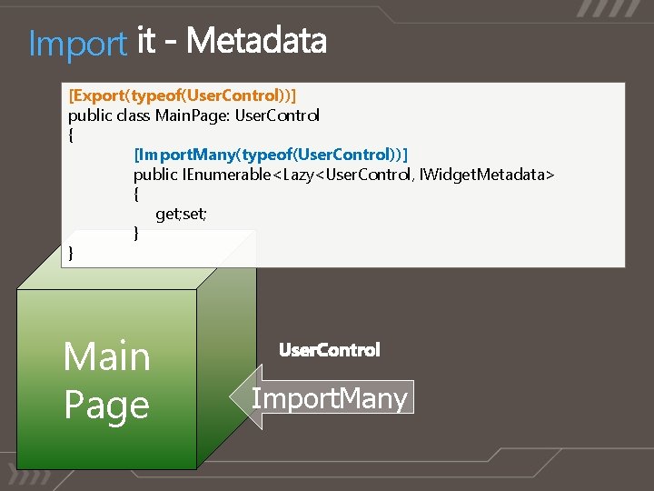Import [Export(typeof(User. Control))] public class Main. Page: User. Control { [Import. Many(typeof(User. Control))] public