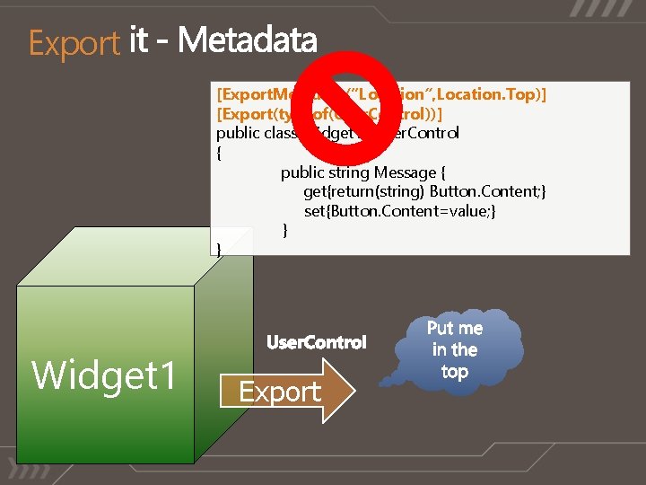 Export [Export. Metadata(“Location”, Location. Top)] [Export(typeof(User. Control))] public class Widget 1 : User. Control