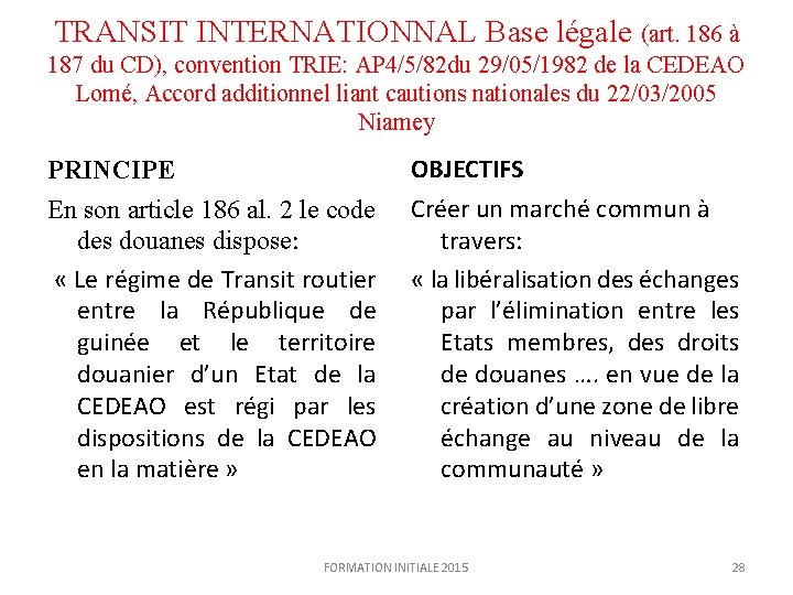 TRANSIT INTERNATIONNAL Base légale (art. 186 à 187 du CD), convention TRIE: AP 4/5/82