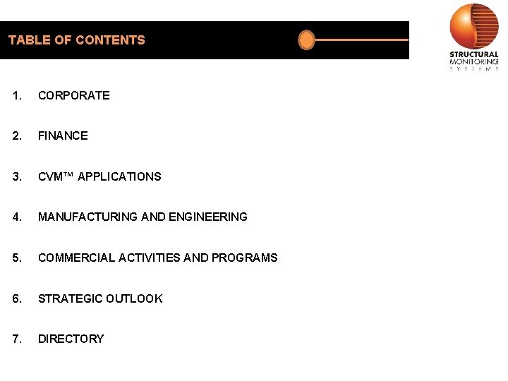 TABLE OF CONTENTS 1. CORPORATE 2. FINANCE 3. CVM™ APPLICATIONS 4. MANUFACTURING AND ENGINEERING