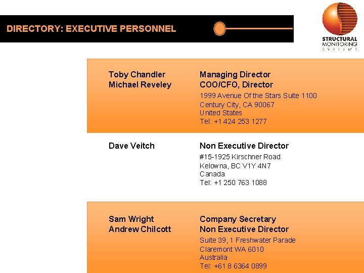 DIRECTORY: EXECUTIVE PERSONNEL Toby Chandler Michael Reveley Managing Director COO/CFO, Director 1999 Avenue Of