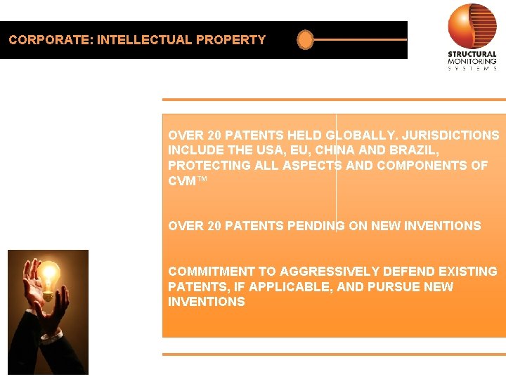 CORPORATE: INTELLECTUAL PROPERTY OVER 20 PATENTS HELD GLOBALLY. JURISDICTIONS INCLUDE THE USA, EU, CHINA