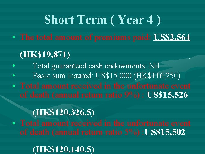 Short Term ( Year 4 ) • The total amount of premiums paid: US$2,