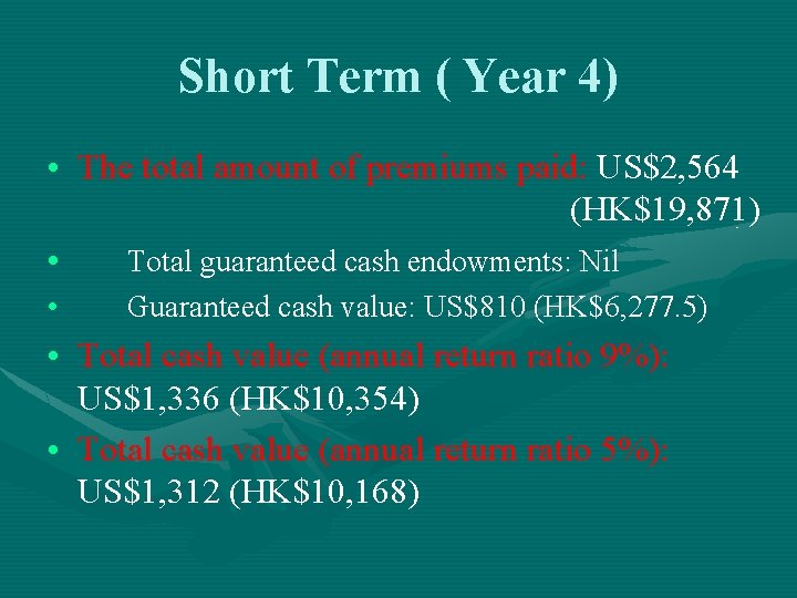 Short Term ( Year 4) • The total amount of premiums paid: US$2, 564
