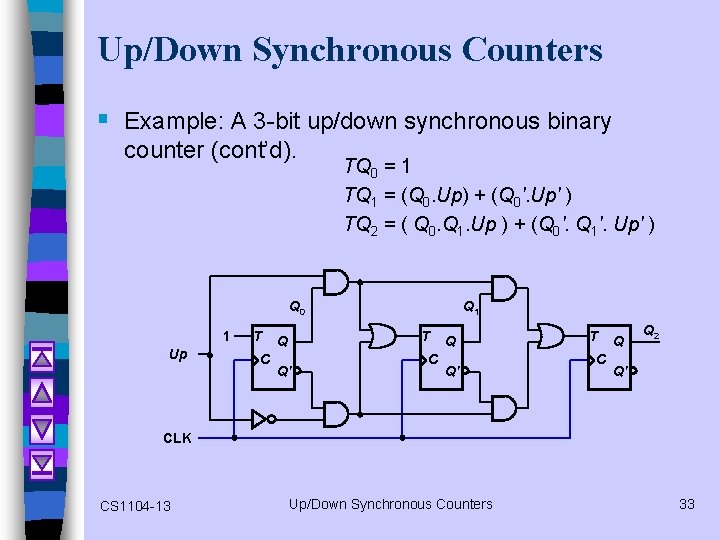 Up/Down Synchronous Counters § Example: A 3 -bit up/down synchronous binary counter (cont’d). TQ