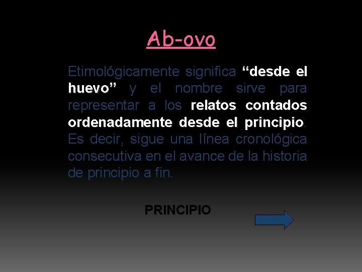 Ab-ovo Etimológicamente significa “desde el huevo” y el nombre sirve para representar a los