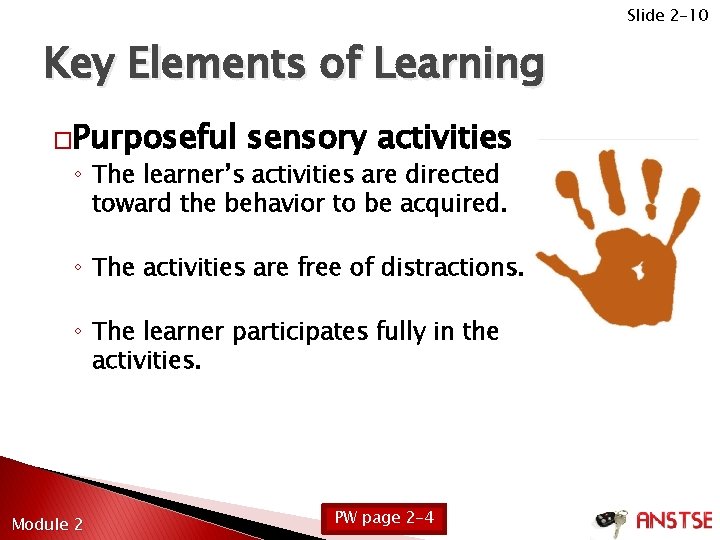 Slide 2 -10 Key Elements of Learning �Purposeful sensory activities ◦ The learner’s activities