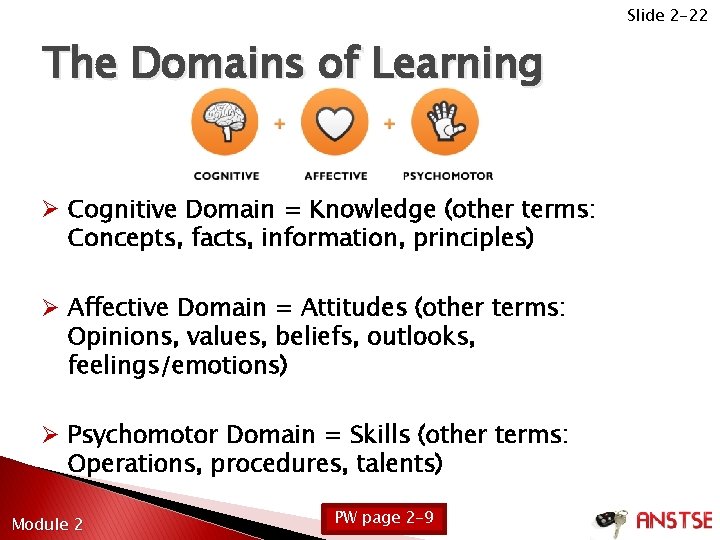 Slide 2 -22 The Domains of Learning Ø Cognitive Domain = Knowledge (other terms: