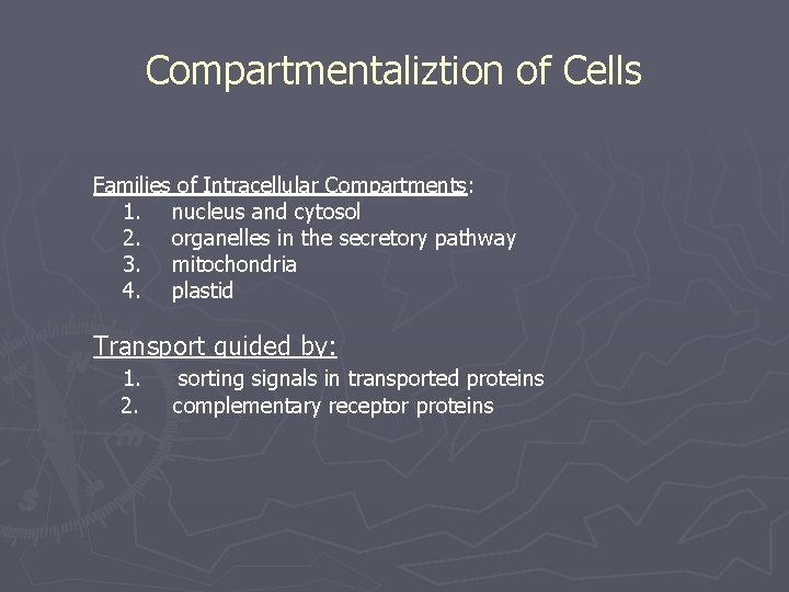 Compartmentaliztion of Cells Families of Intracellular Compartments: 1. nucleus and cytosol 2. organelles in