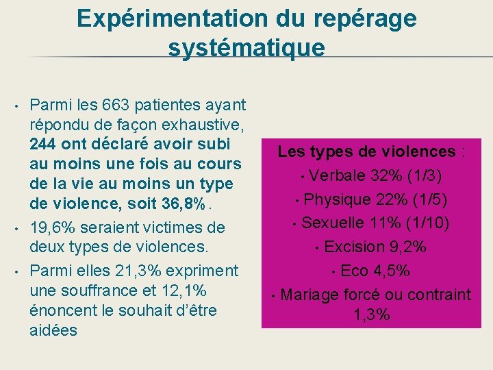 Expérimentation du repérage systématique • • • Parmi les 663 patientes ayant répondu de