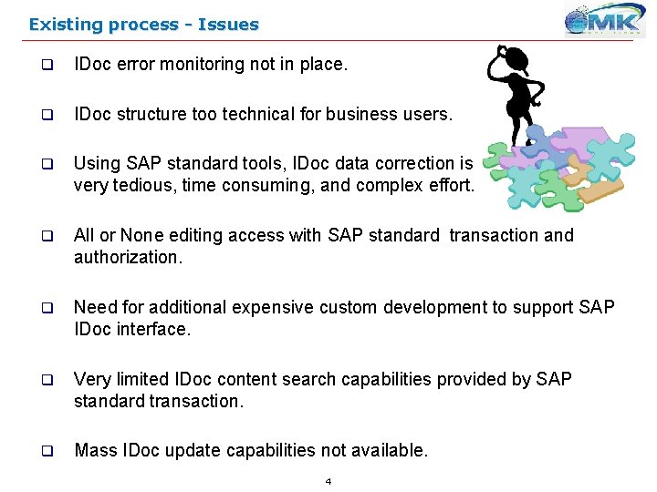 Existing process - Issues q IDoc error monitoring not in place. q IDoc structure