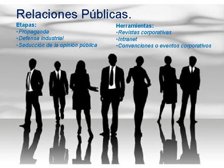 Relaciones Públicas. Etapas: • Propaganda • Defensa industrial • Seducción de la opinión pública