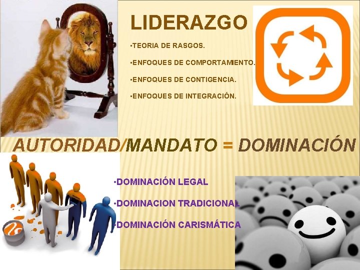 LIDERAZGO • TEORIA DE RASGOS. • ENFOQUES DE COMPORTAMIENTO. • ENFOQUES DE CONTIGENCIA. •