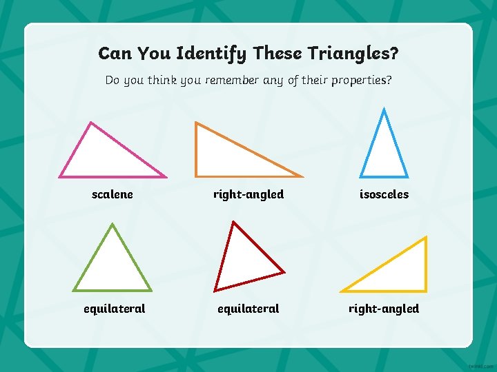 Can You Identify These Triangles? Do you think you remember any of their properties?