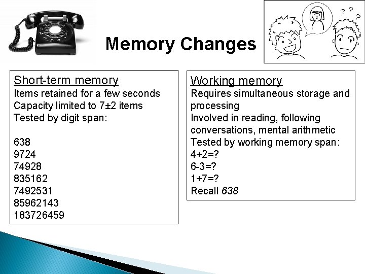 Memory Changes Short-term memory Working memory Items retained for a few seconds Capacity limited Memory Changes Short-term memory Working memory Items retained for a few seconds Capacity limited