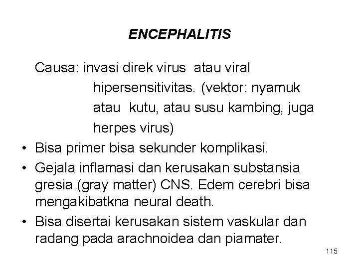 ENCEPHALITIS Causa: invasi direk virus atau viral hipersensitivitas. (vektor: nyamuk atau kutu, atau susu ENCEPHALITIS Causa: invasi direk virus atau viral hipersensitivitas. (vektor: nyamuk atau kutu, atau susu